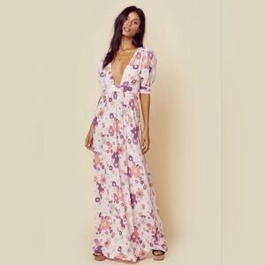 For Love & Lemons Magnolia Maxi Dress In 70’s Pink Floral Print Size XS Fits S